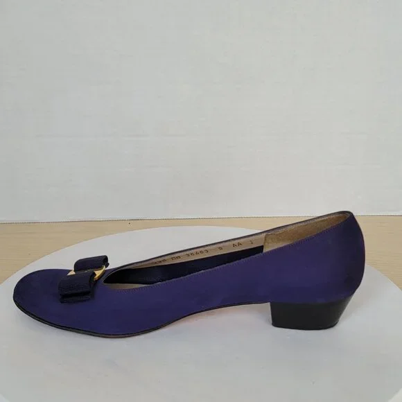 Vintage Salvatore Ferragamo Purple Nubuck Vara Plate Bow Low-Heel Pump Shoes 9AA - Picture 5 of 16